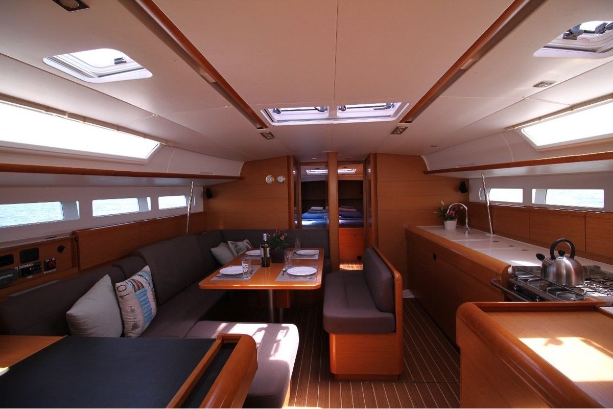 Salon of Jester, a Jeanneau Sun Odyssey 509 sailboat at Athens, Greece