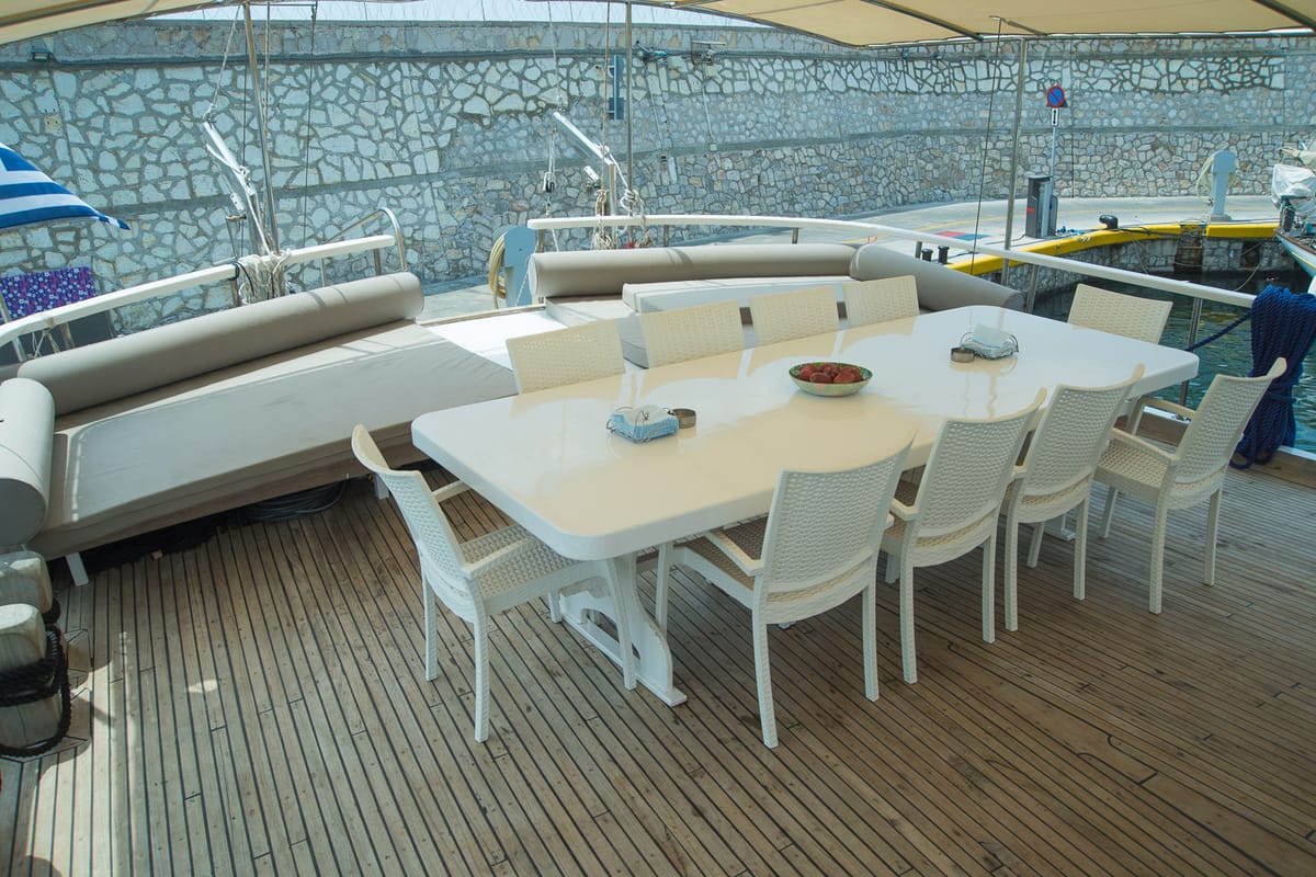 Deck of Aphrodite, a Gulet Gulet gulet at Corfu, Greece