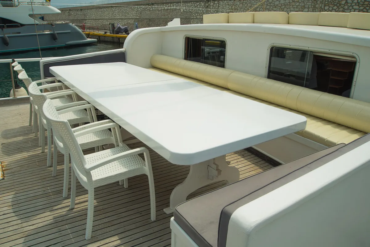 Deck of Aphrodite, a Gulet Gulet gulet at Corfu, Greece