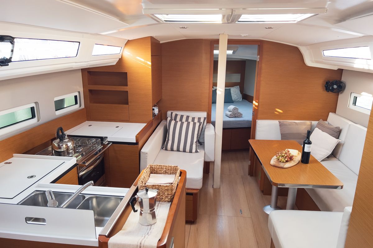 Galley of Irene, a Jeanneau Sun Odyssey 410 sailboat at Athens, Greece