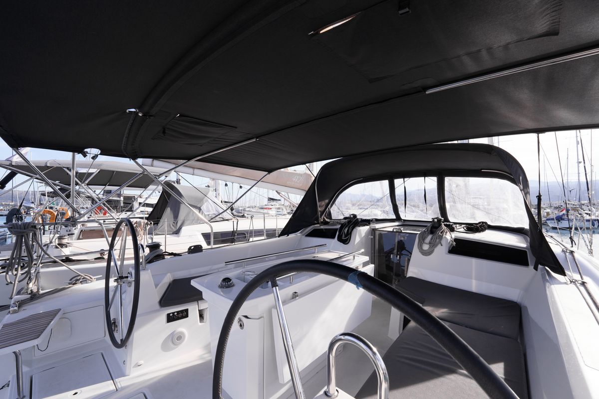Cockpit of Joy, a Beneteau Oceanis 40.1 sailboat at Municipal Unit of Lefkada, Greece