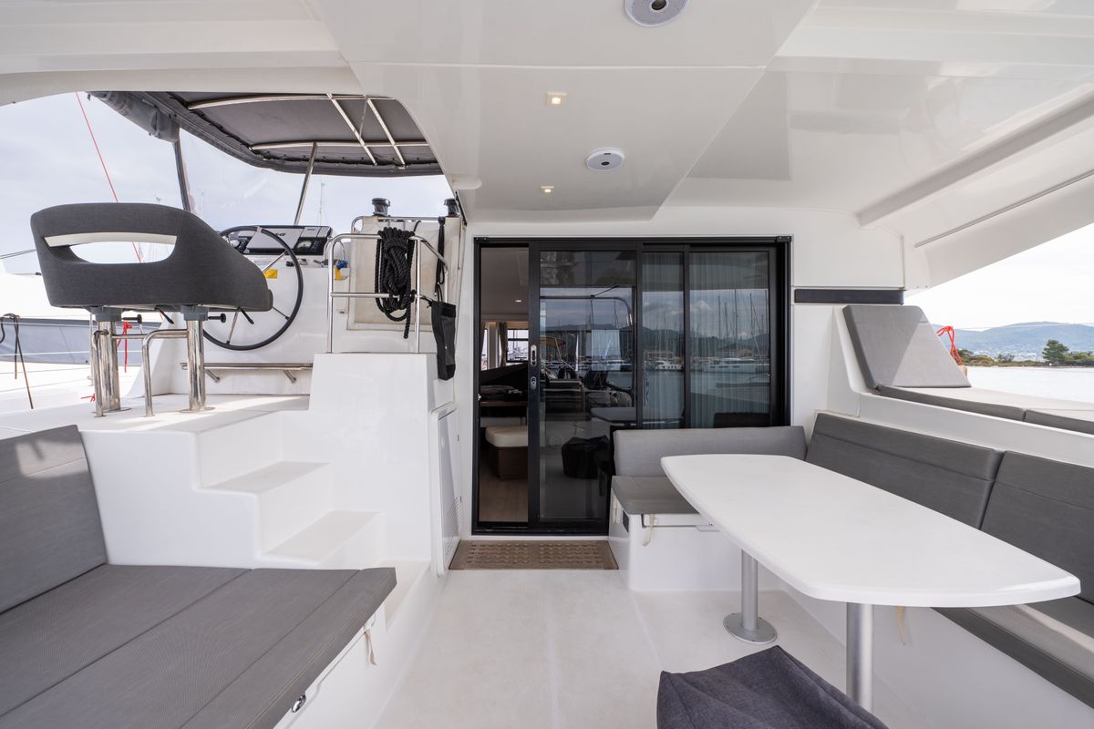 Cockpit of Nala, a Lagoon 42 catamaran at Municipal Unit of Lefkada, Greece