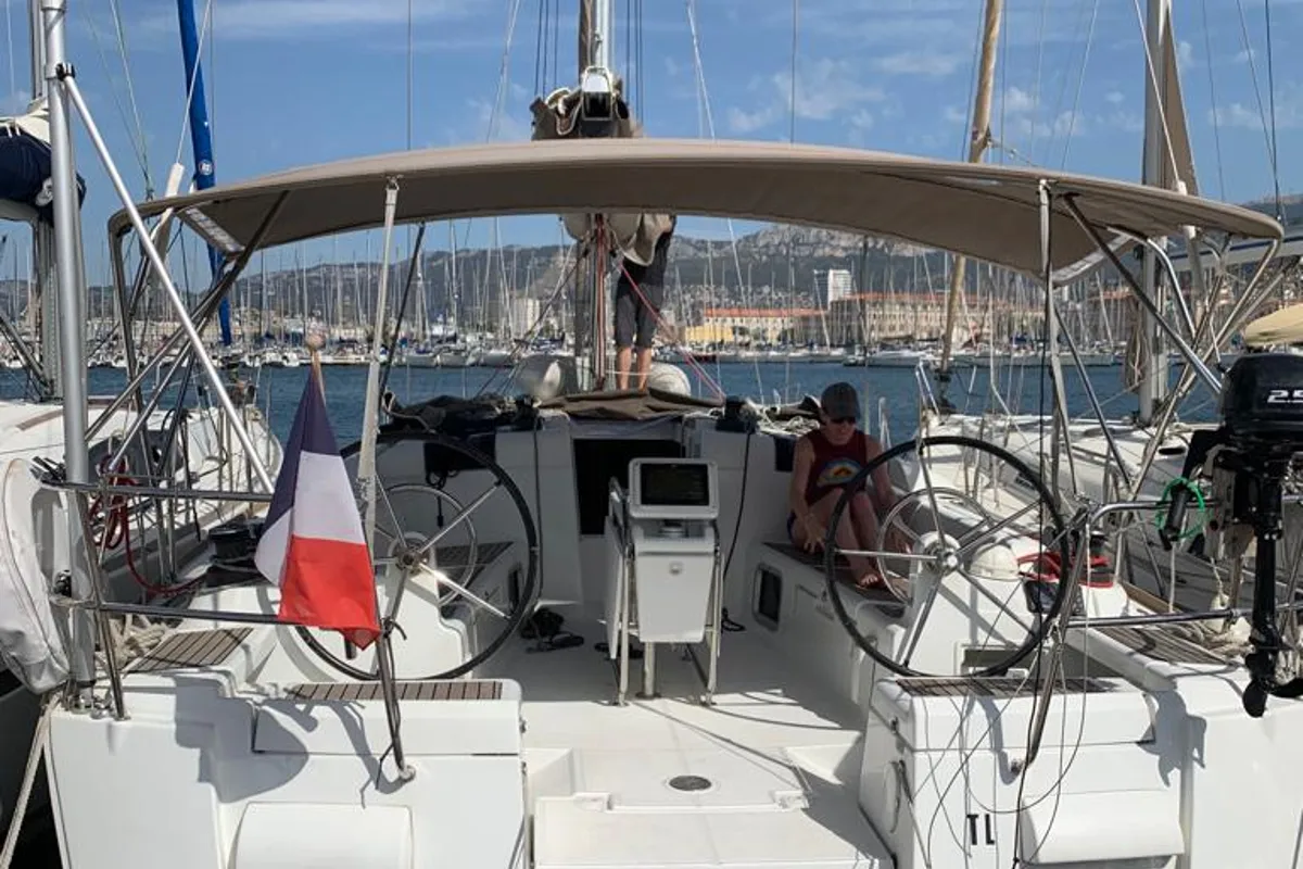 Cockpit of Johanna, a Jeanneau Sun Odyssey 439 sailboat at Toulon, France