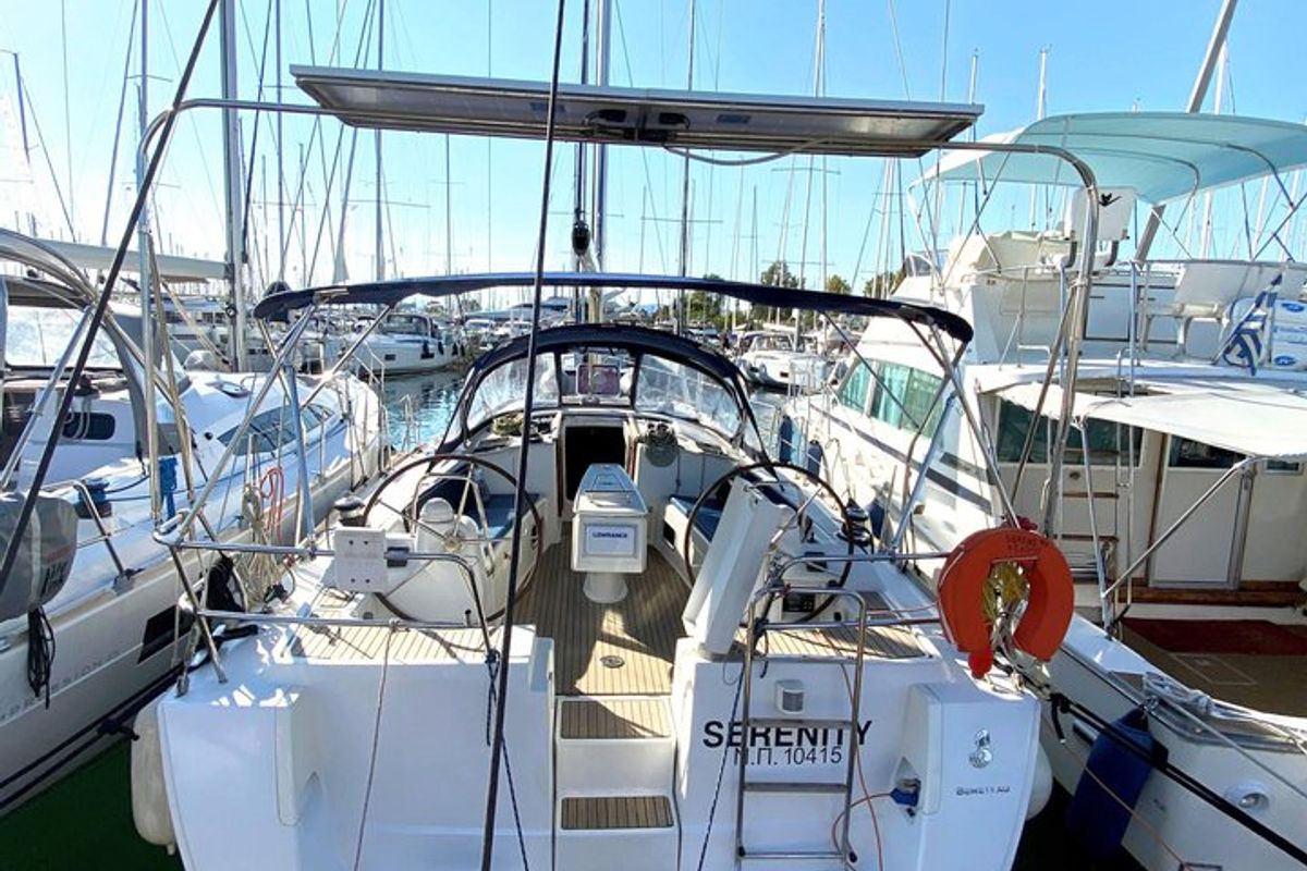 Cockpit of Serenity, a Beneteau Oceanis 43 sailboat at Athens, Greece
