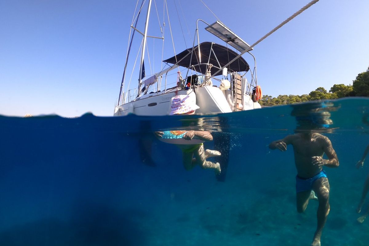 Exterior view of Serenity, a Beneteau Oceanis 43 sailboat at Athens, Greece
