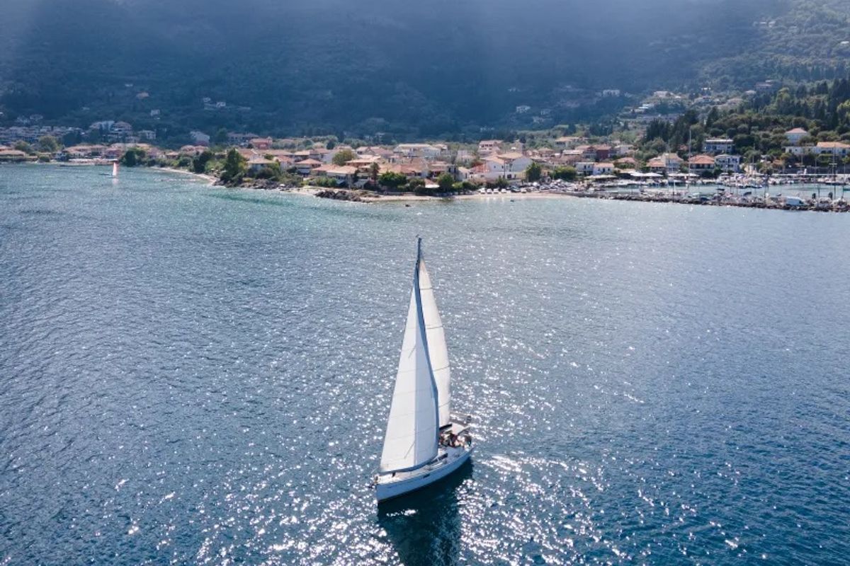 Exterior view of Kos 36, a Jeanneau Sun Odyssey 36 sailboat at Municipal Unit of Lefkada, Greece