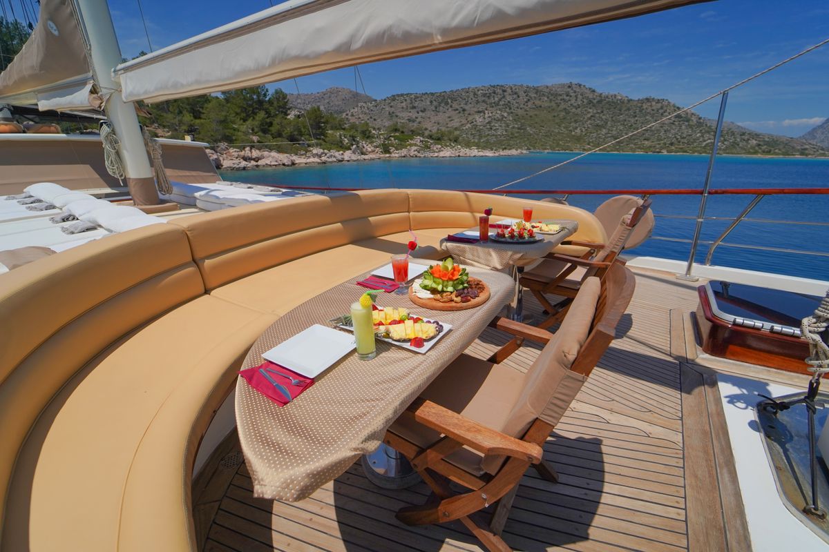 Deck of Prenses Bugce, a Gulet Gulet gulet at Marmaris, Turkey