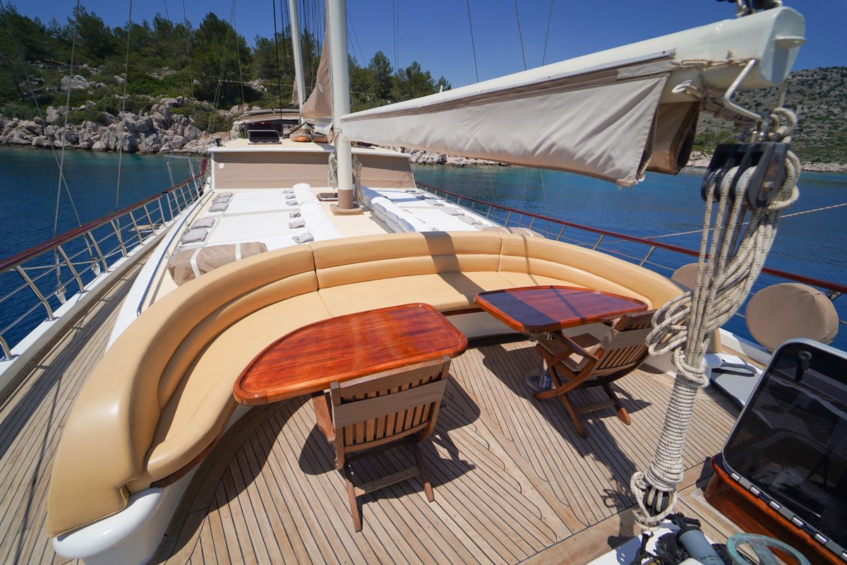 Deck of Prenses Bugce, a Gulet Gulet gulet at Marmaris, Turkey