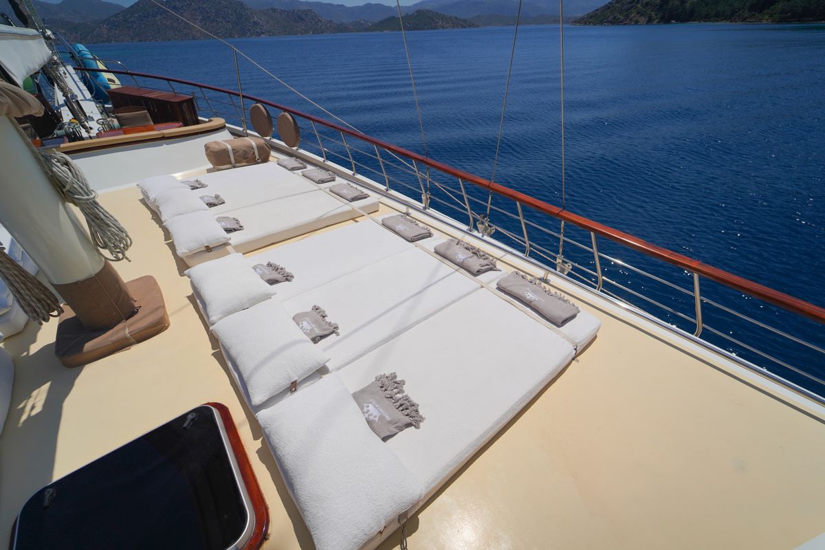 Deck of Prenses Bugce, a Gulet Gulet gulet at Marmaris, Turkey
