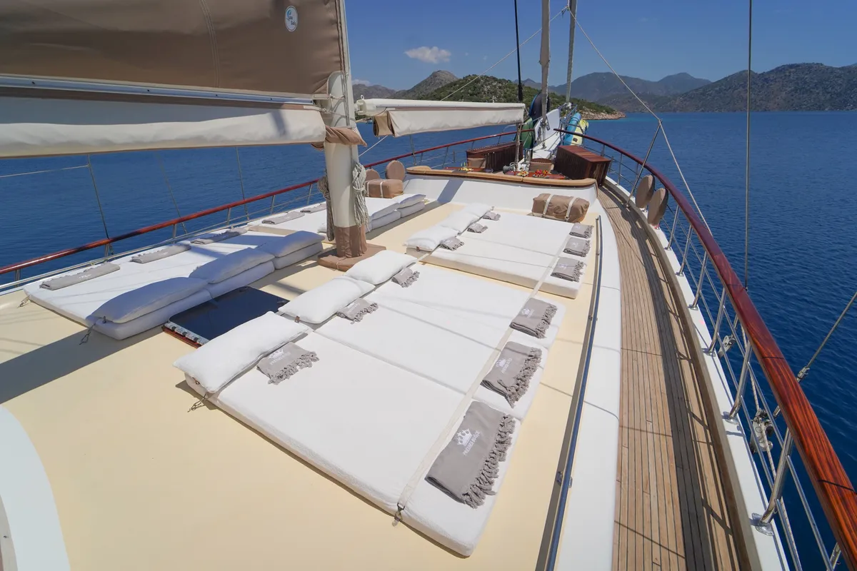 Deck of Prenses Bugce, a Gulet Gulet gulet at Marmaris, Turkey