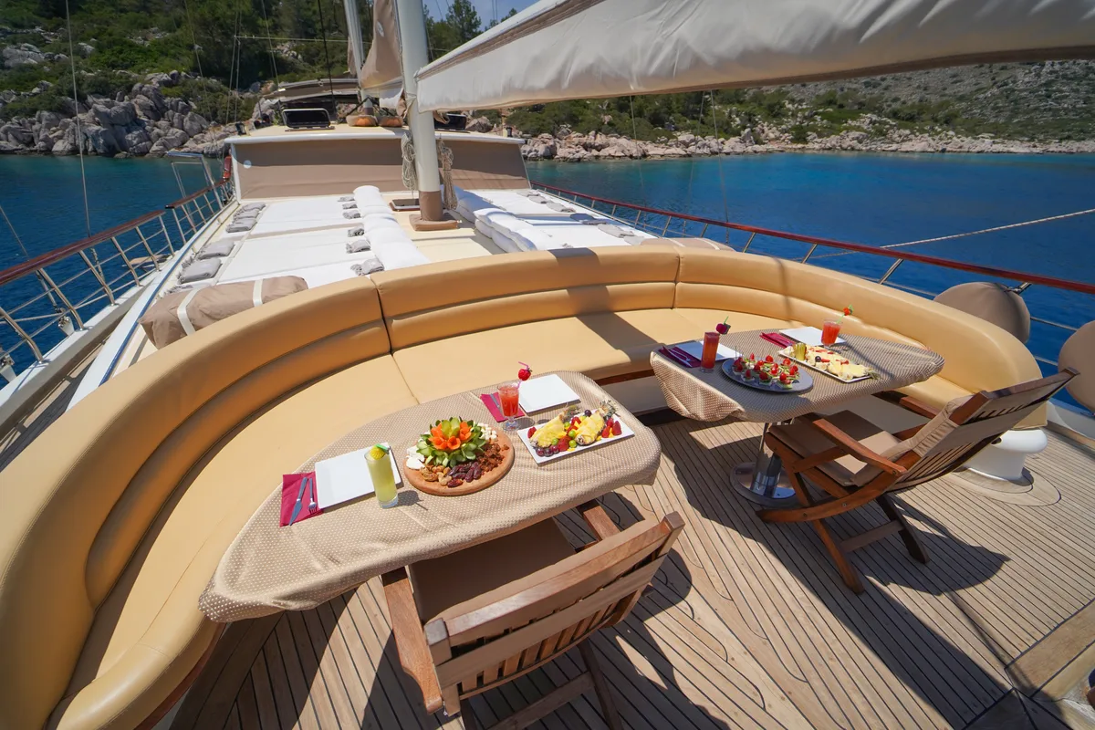 Deck of Prenses Bugce, a Gulet Gulet gulet at Marmaris, Turkey