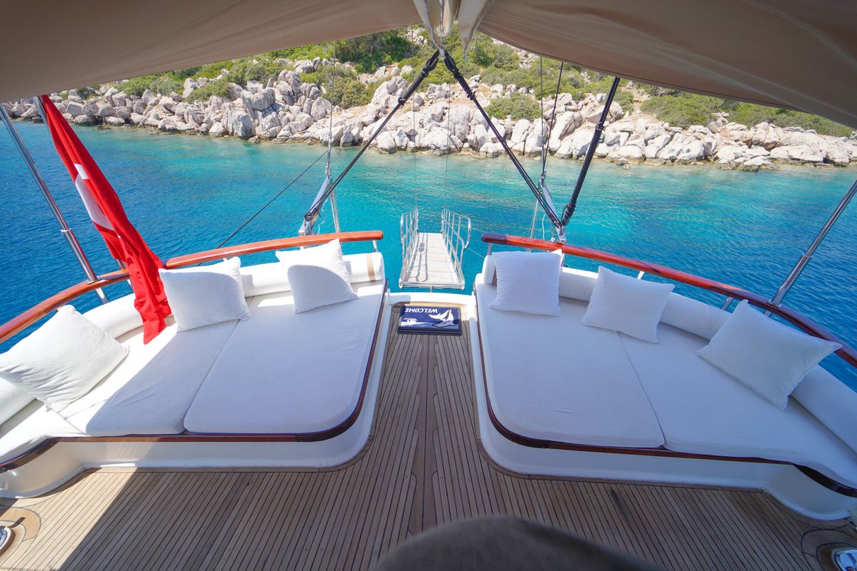 Deck of Prenses Bugce, a Gulet Gulet gulet at Marmaris, Turkey
