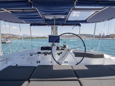 Cockpit of Jolie, a Lagoon 52F catamaran at Sant Antoni de Portmany, Spain