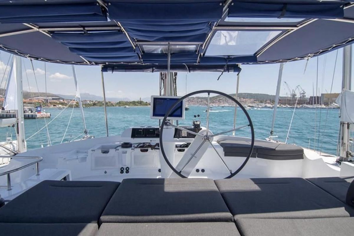 Cockpit of Jolie, a Lagoon 52F catamaran at Sant Antoni de Portmany, Spain