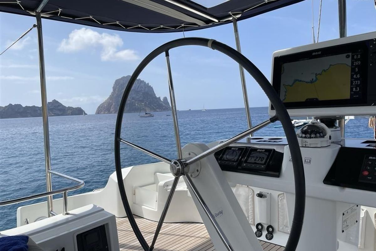 Cockpit of Jolie, a Lagoon 52F catamaran at Sant Antoni de Portmany, Spain