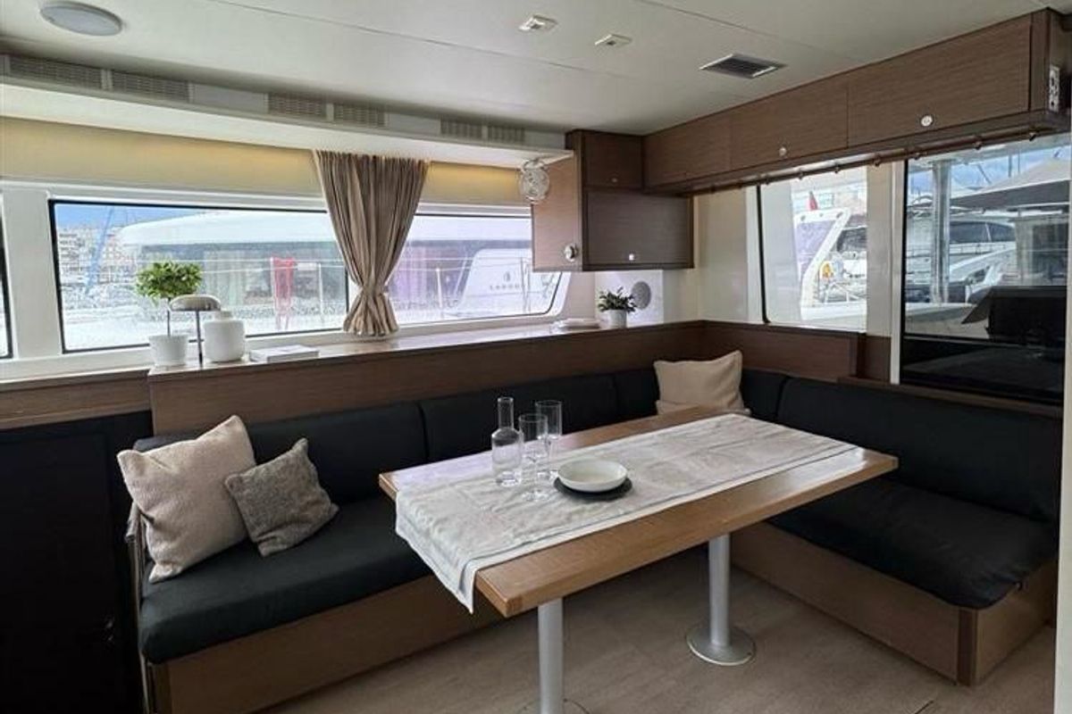 Salon of Jolie, a Lagoon 52F catamaran at Sant Antoni de Portmany, Spain