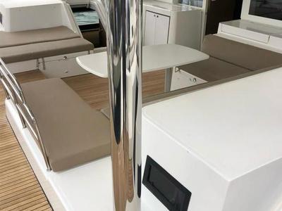 Deck of Jolie, a Lagoon 52F catamaran at Sant Antoni de Portmany, Spain
