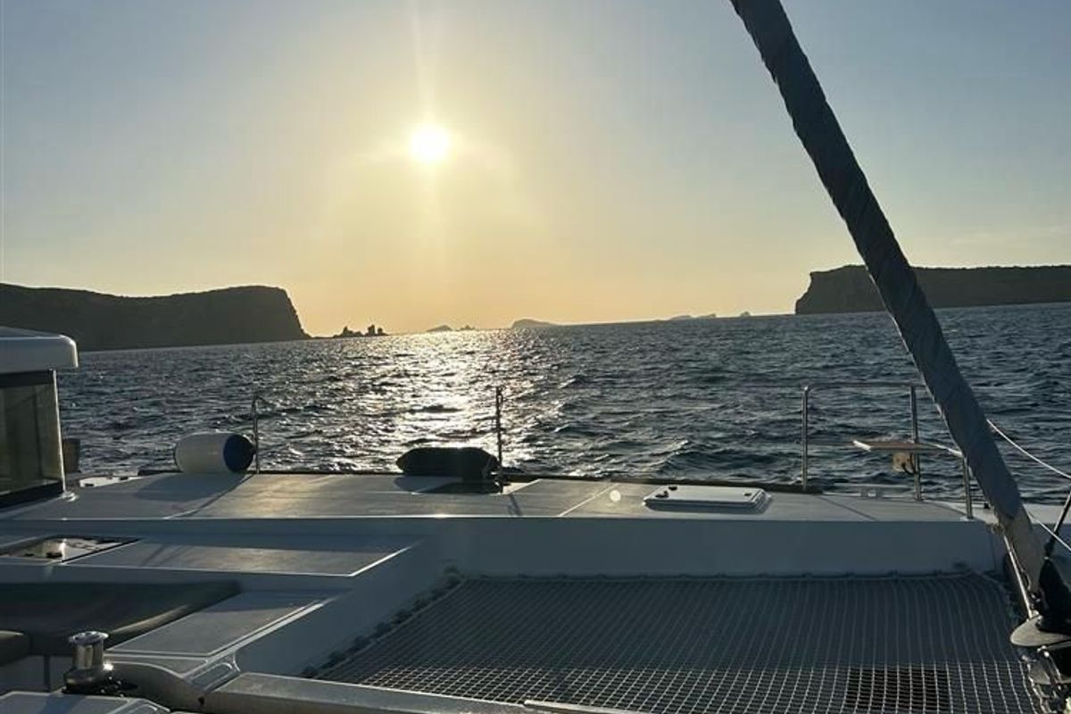 Deck of Jolie, a Lagoon 52F catamaran at Sant Antoni de Portmany, Spain