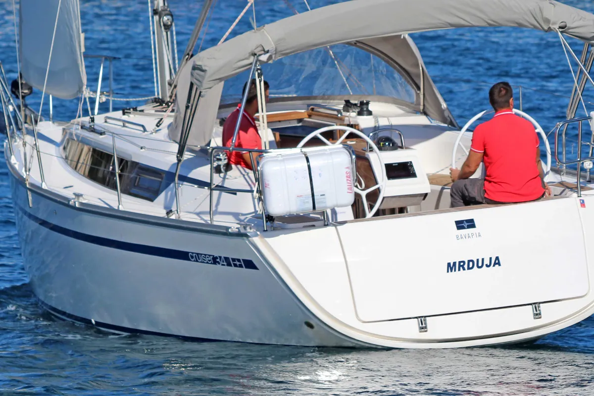 Exterior view of Mrduja, a Bavaria Cruiser 34 sailboat at Split, Croatia
