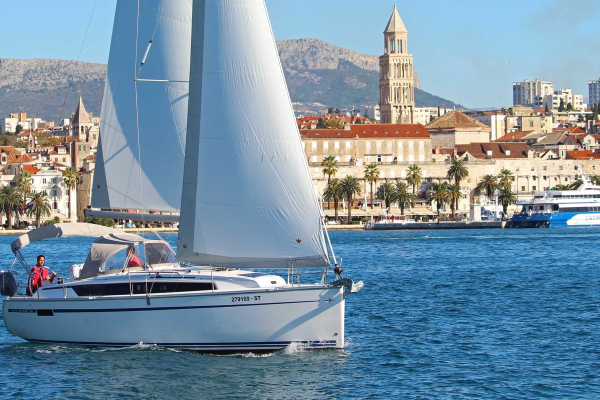 Exterior view of Mrduja, a Bavaria Cruiser 34 sailboat at Split, Croatia