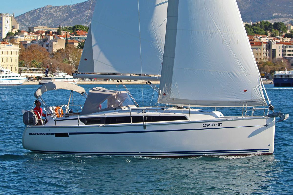 Exterior view of Mrduja, a Bavaria Cruiser 34 sailboat at Split, Croatia