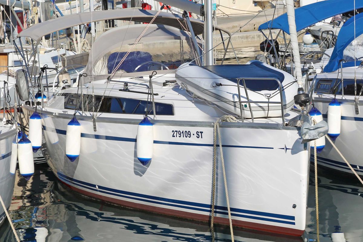 Exterior view of Mrduja, a Bavaria Cruiser 34 sailboat at Split, Croatia