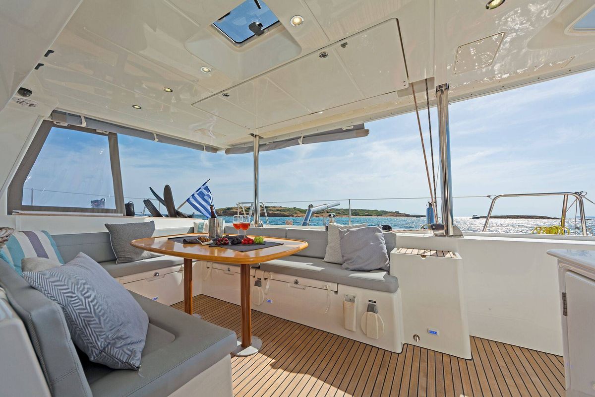 Deck of Mystique I, a Lagoon 500 catamaran at Athens, Greece