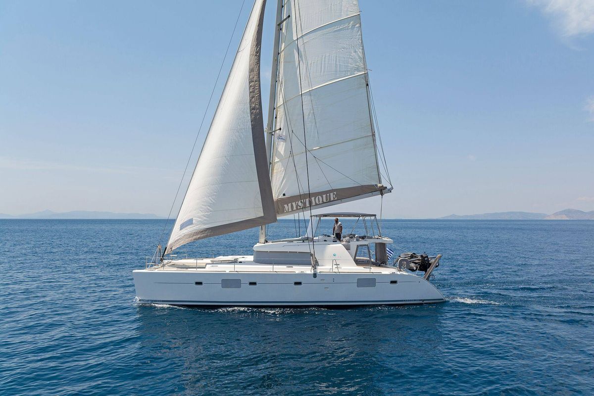 Exterior view of Mystique I, a Lagoon 500 catamaran at Athens, Greece