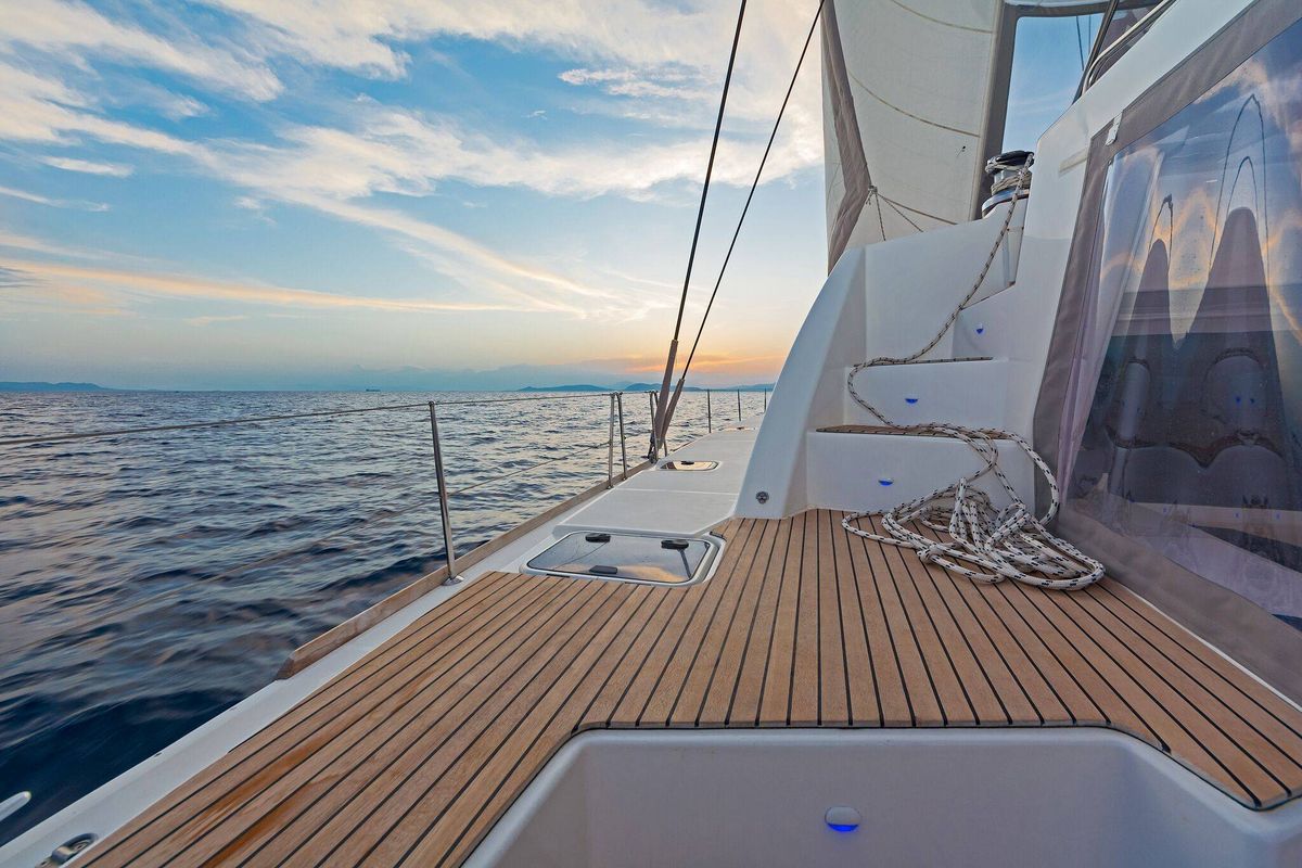 Deck of Mystique I, a Lagoon 500 catamaran at Athens, Greece