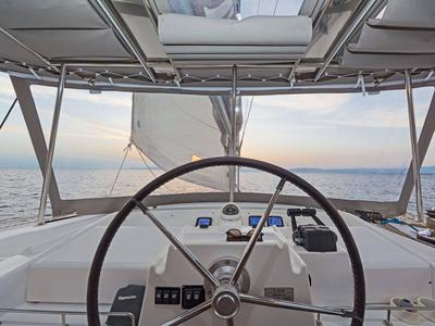 Cockpit of Mystique I, a Lagoon 500 catamaran at Athens, Greece