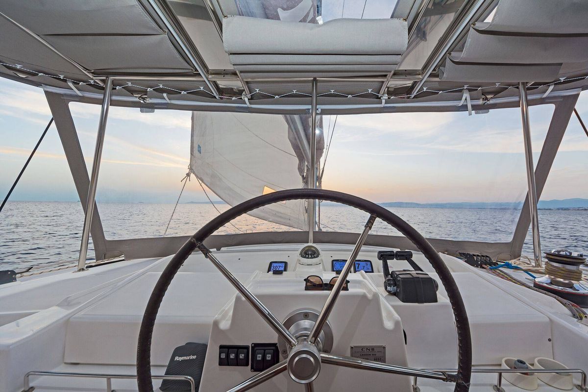 Cockpit of Mystique I, a Lagoon 500 catamaran at Athens, Greece