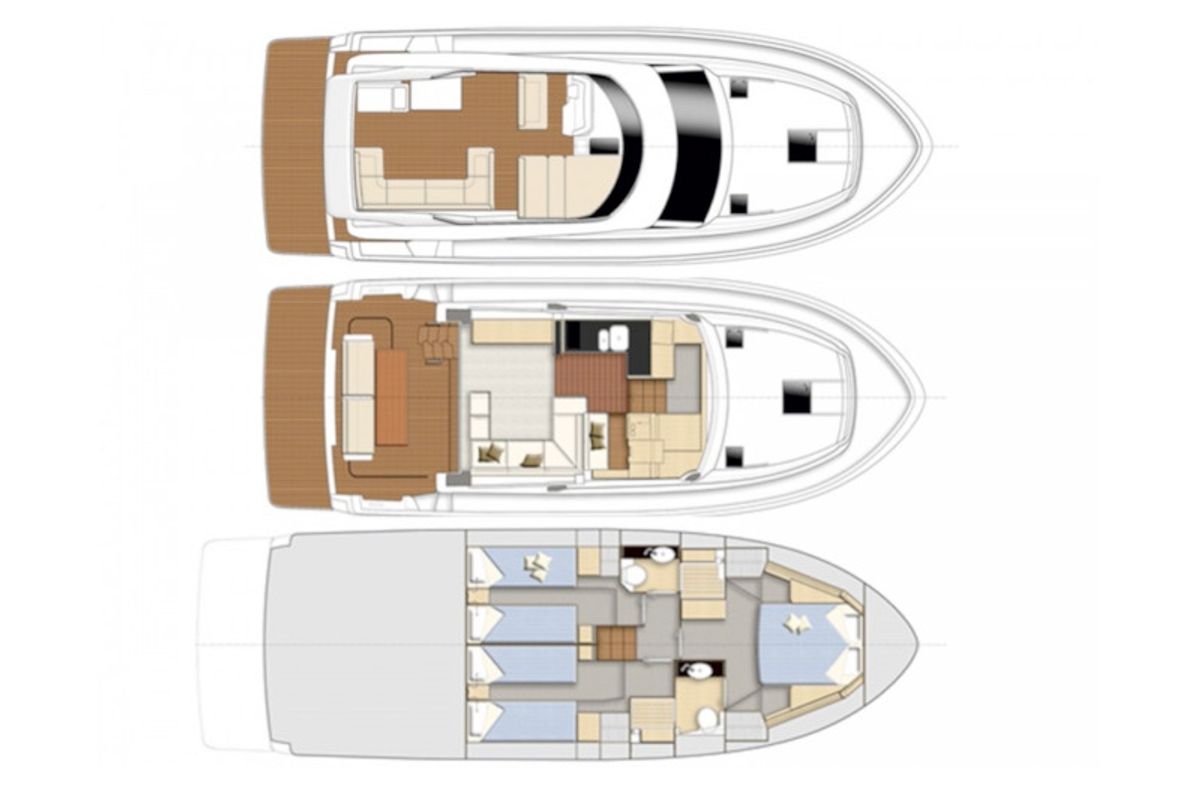 Floor plan of Captain Blue, a Bavaria Virtess 420 Fly motorboat at Grad Šibenik, Croatia
