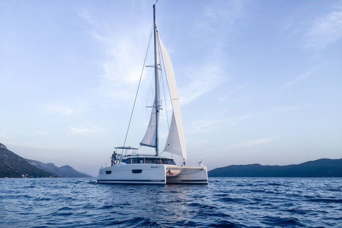 Exterior view of Wave, a Fountaine Pajot Astrea 42 catamaran at Tivat, Montenegro
