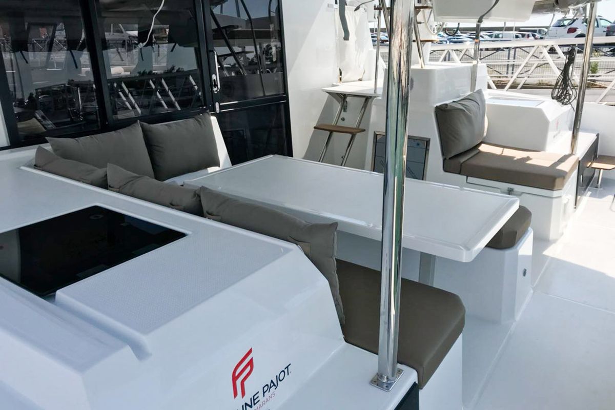Deck of Wave, a Fountaine Pajot Astrea 42 catamaran at Tivat, Montenegro