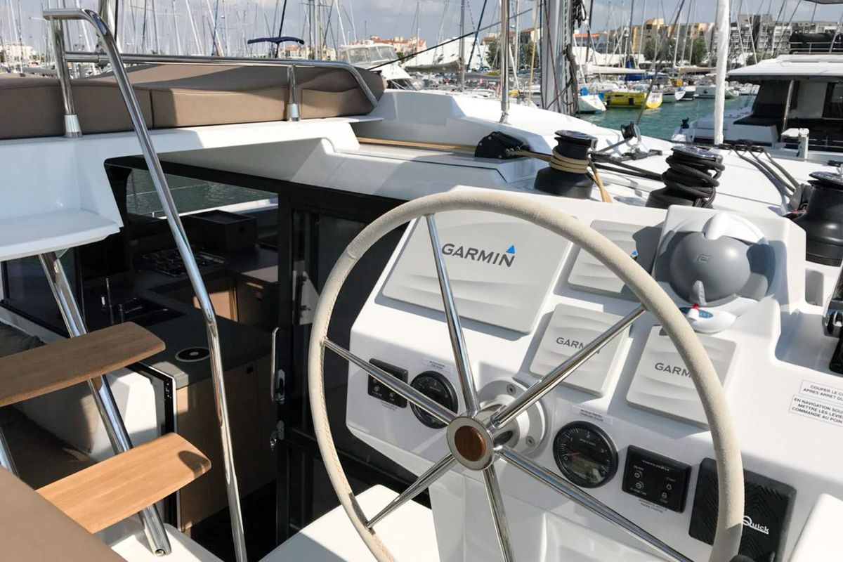 Cockpit of Wave, a Fountaine Pajot Astrea 42 catamaran at Tivat, Montenegro