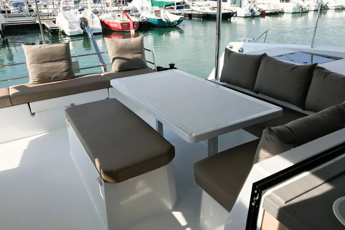 Deck of Wave, a Fountaine Pajot Astrea 42 catamaran at Tivat, Montenegro