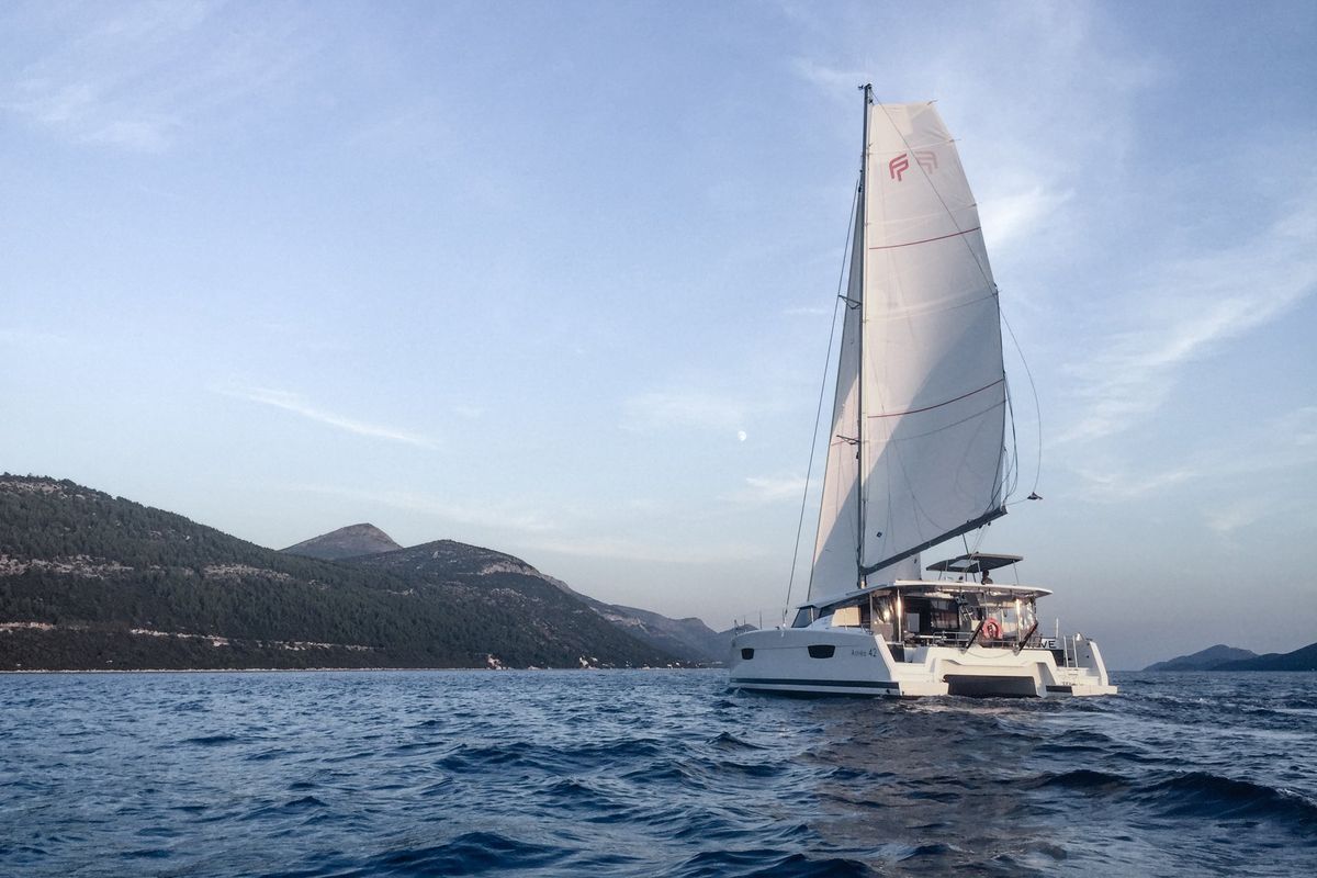 Exterior view of Wave, a Fountaine Pajot Astrea 42 catamaran at Tivat, Montenegro
