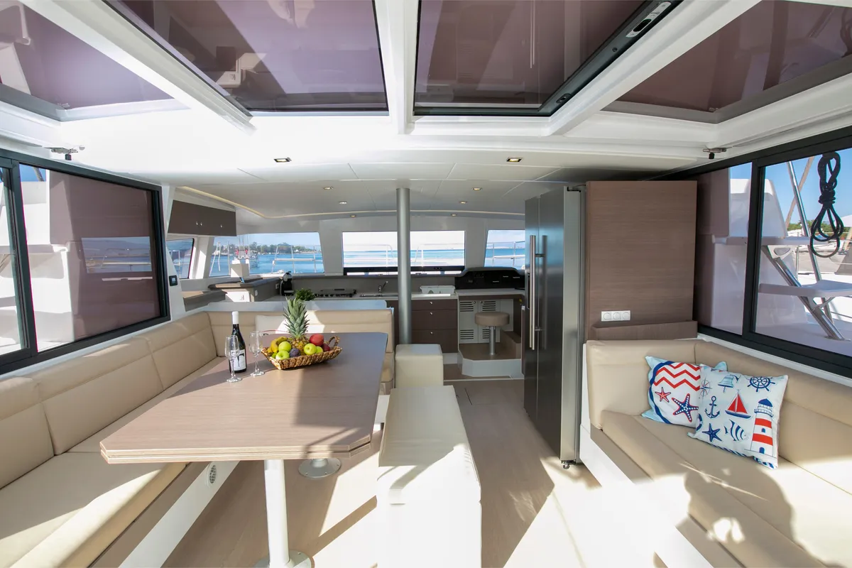 Salon of Eleni, a Bali 4.3 catamaran at Sipias Municipal Unit, Greece