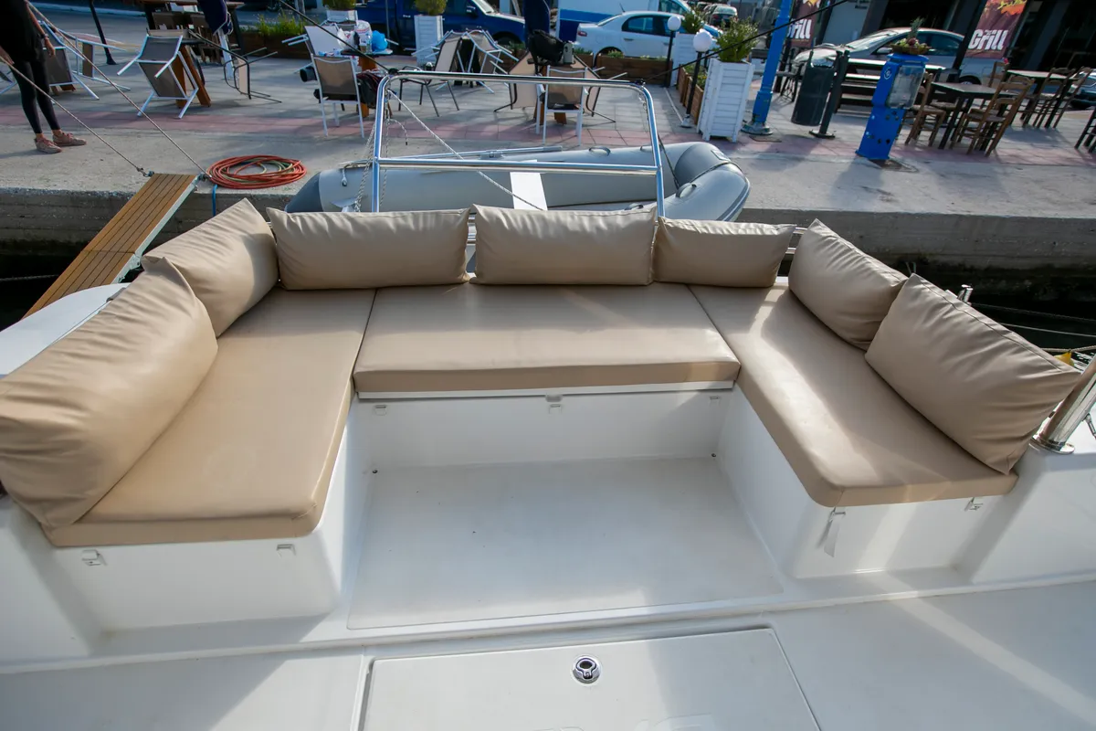 Deck of Eleni, a Bali 4.3 catamaran at Sipias Municipal Unit, Greece