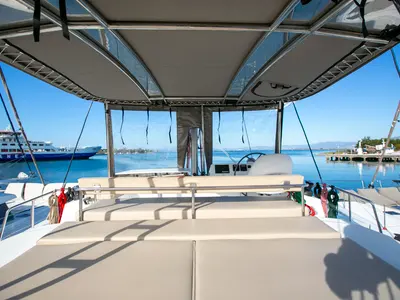 Deck of Eleni, a Bali 4.3 catamaran at Sipias Municipal Unit, Greece