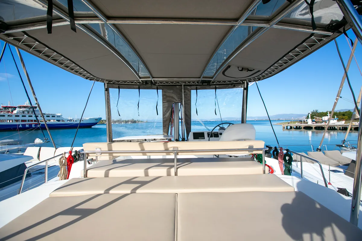 Deck of Eleni, a Bali 4.3 catamaran at Sipias Municipal Unit, Greece