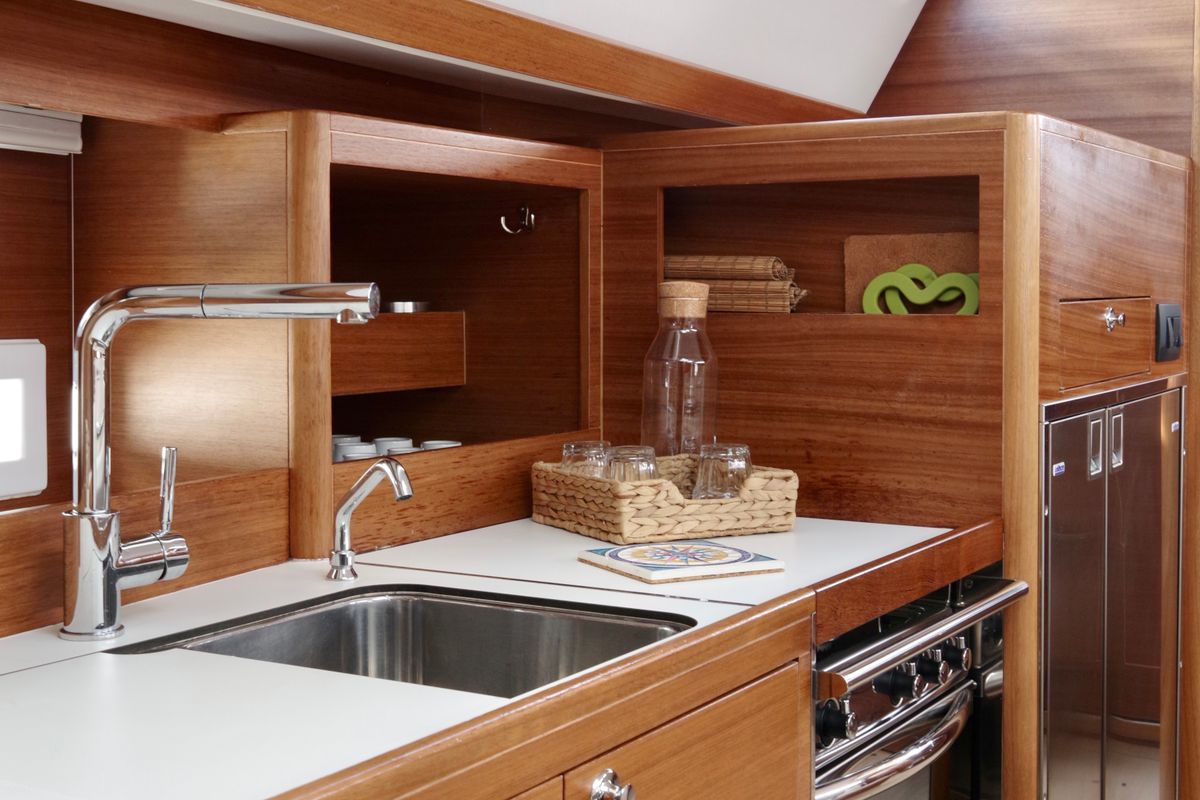 Galley of Corgi, a Elan Impression 45.1 sailboat at Cannigione, Italy