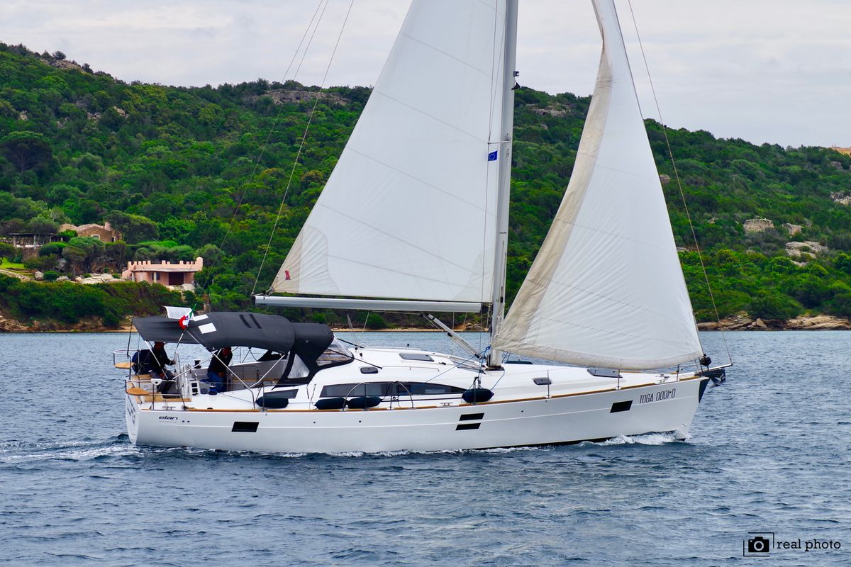 Exterior view of Corgi, a Elan Impression 45.1 sailboat at Cannigione, Italy