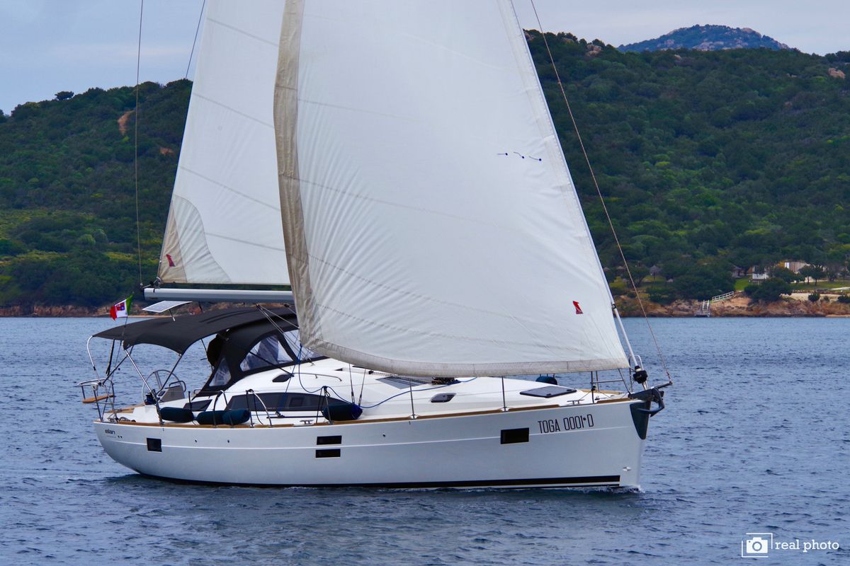 Exterior view of Corgi, a Elan Impression 45.1 sailboat at Cannigione, Italy