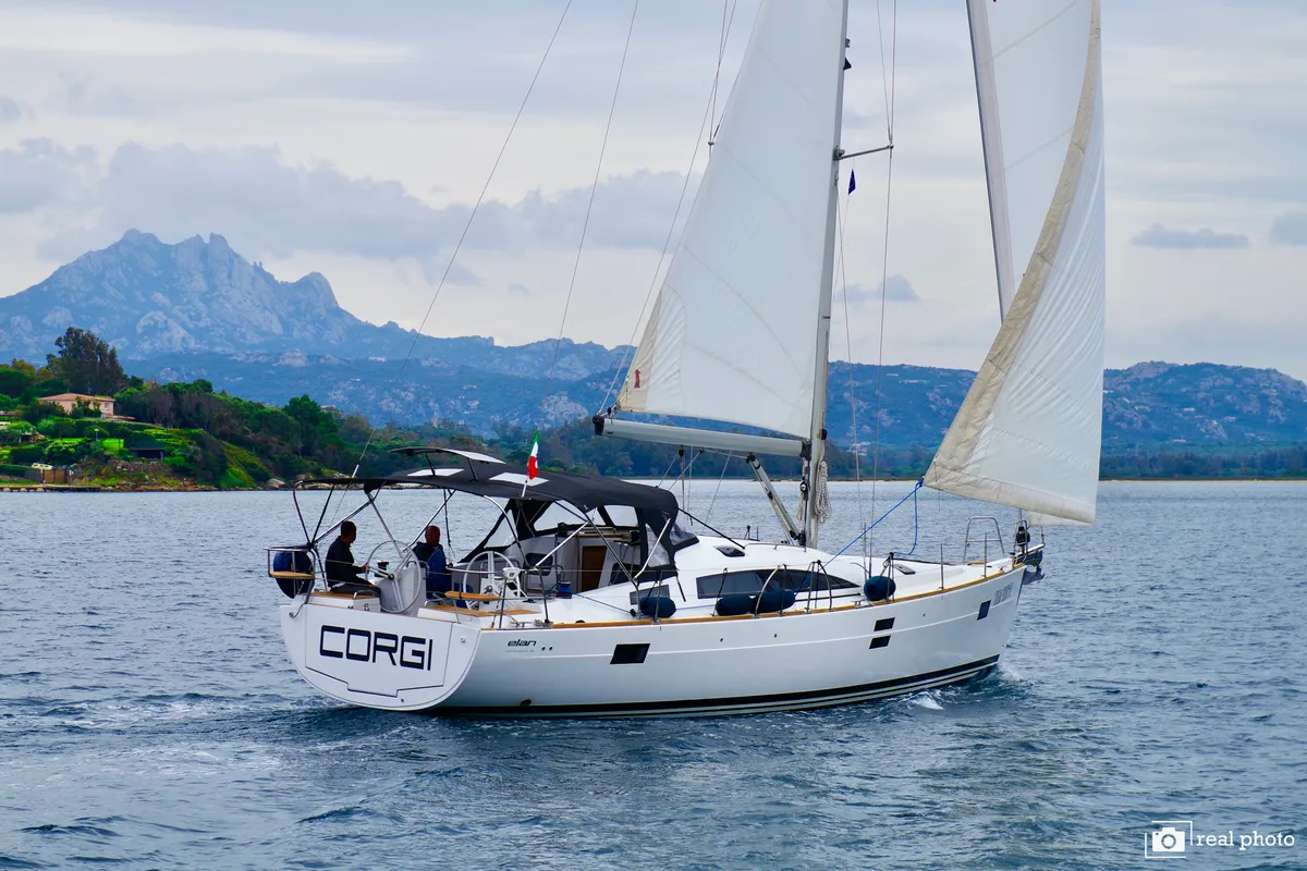 Exterior view of Corgi, a Elan Impression 45.1 sailboat at Cannigione, Italy