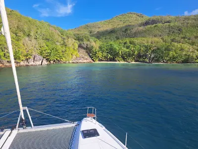 Deck of Pyrat, a Lagoon 42 catamaran at Eden Island Marina, Seychelles