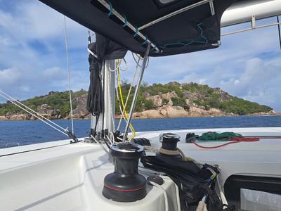 Cockpit of Pyrat, a Lagoon 42 catamaran at Eden Island Marina, Seychelles