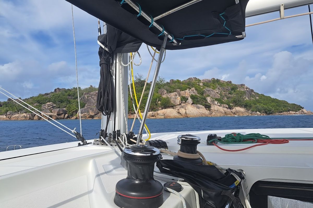 Cockpit of Pyrat, a Lagoon 42 catamaran at Eden Island Marina, Seychelles