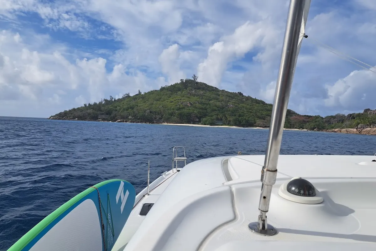 Deck of Pyrat, a Lagoon 42 catamaran at Eden Island Marina, Seychelles