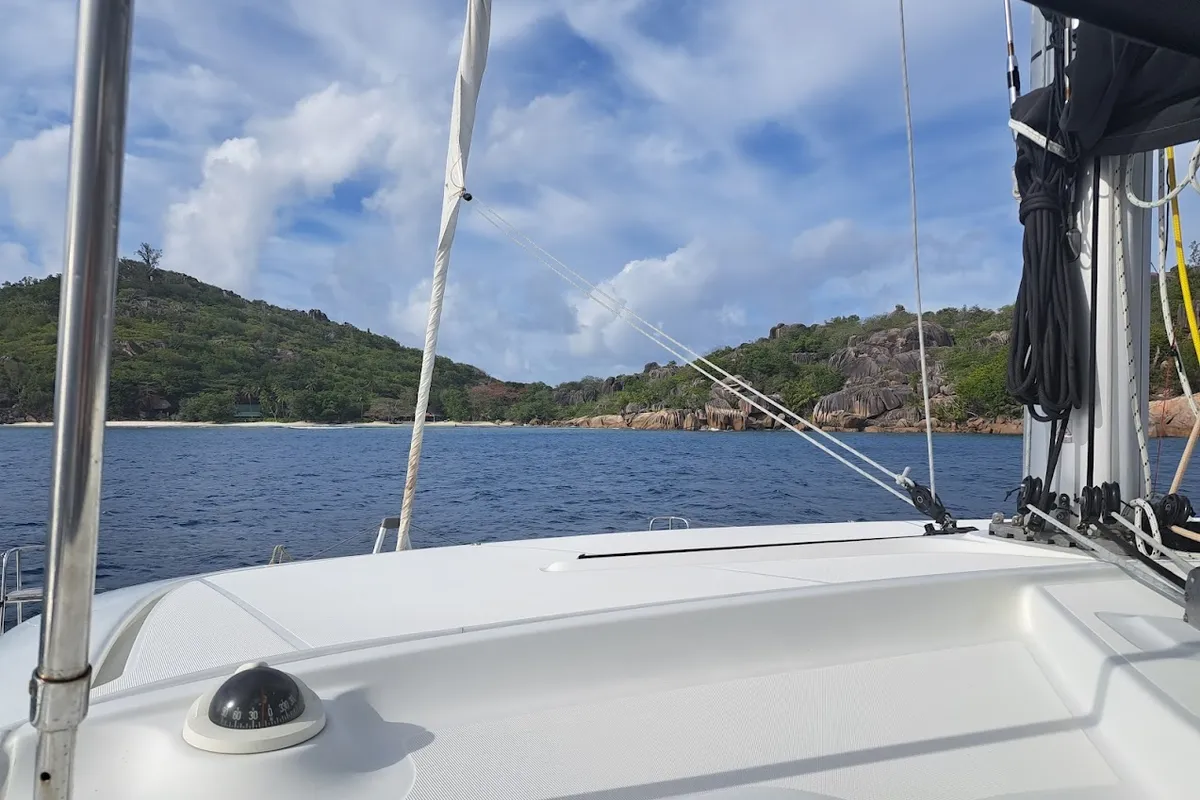 Cockpit of Pyrat, a Lagoon 42 catamaran at Eden Island Marina, Seychelles